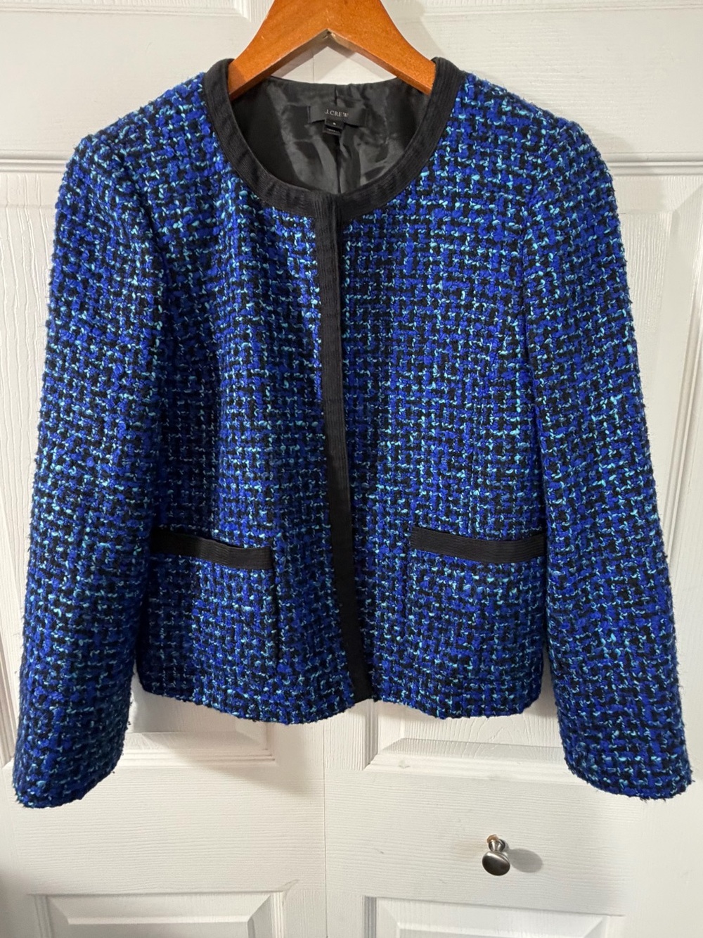 J.Crew Lady Jacket Blue Tweed Black Trim Womens Size 8 Tweed Blazer